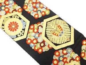 アンティーク　重ね亀甲に花・蝶模様織り出し袋帯（着用可）